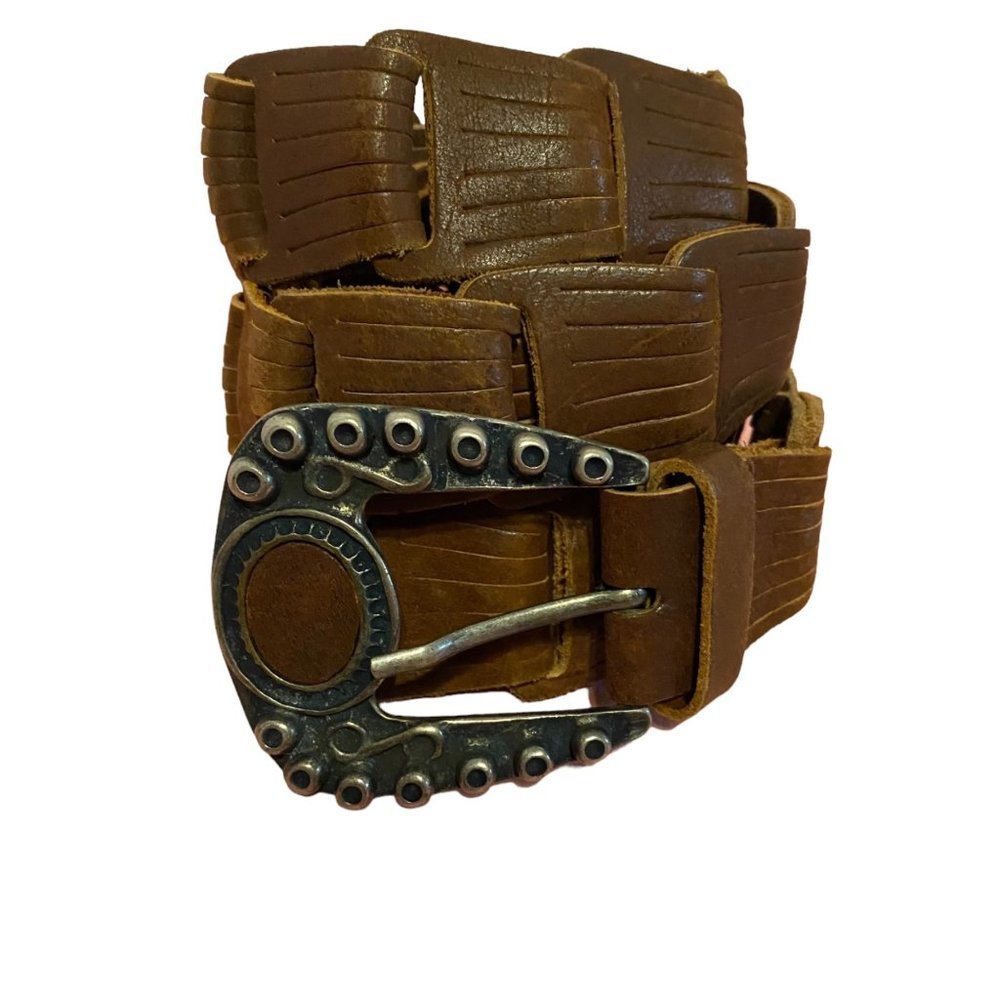 RARE Brown Straight Ribbon Loop Leather Western Large Detailed Buckle Belt